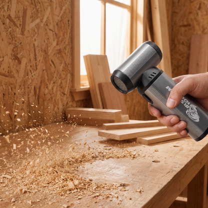 A hand using the AirStorm 1000 to blow sawdust and wood shavings off a workshop bench