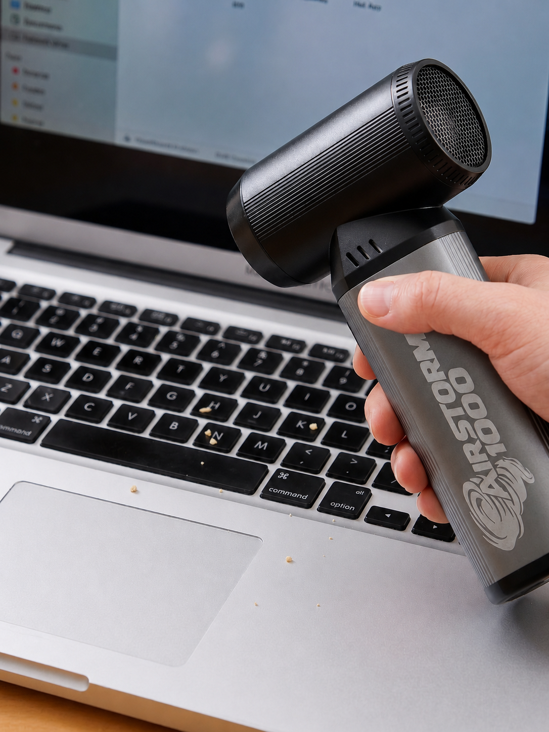 A hand using the AirStorm 1000 to clear crumbs from a laptop keyboard