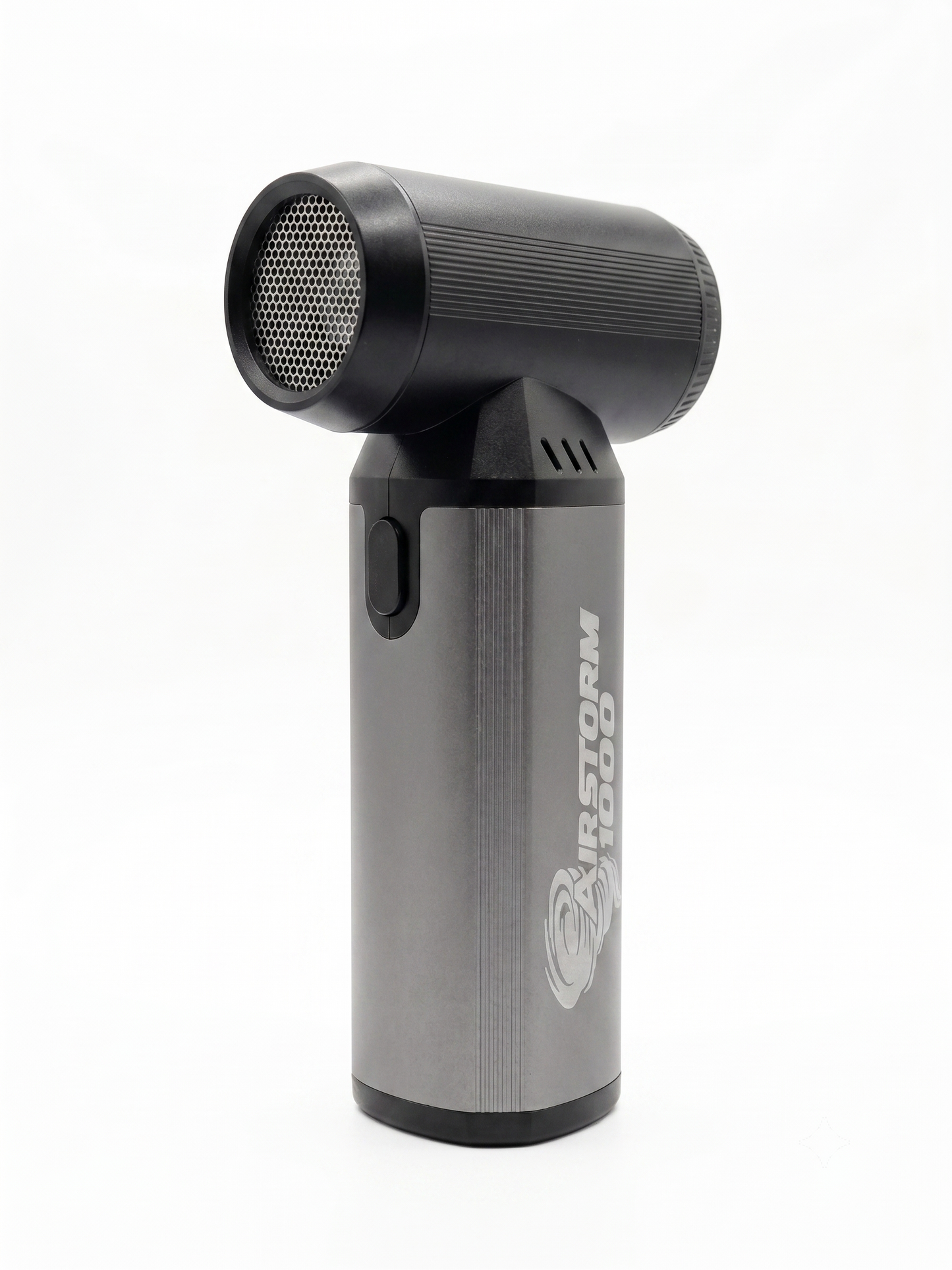 AirStorm 1000 standing upright, three-quarter view, showing its gunmetal aluminum body and black motor housing