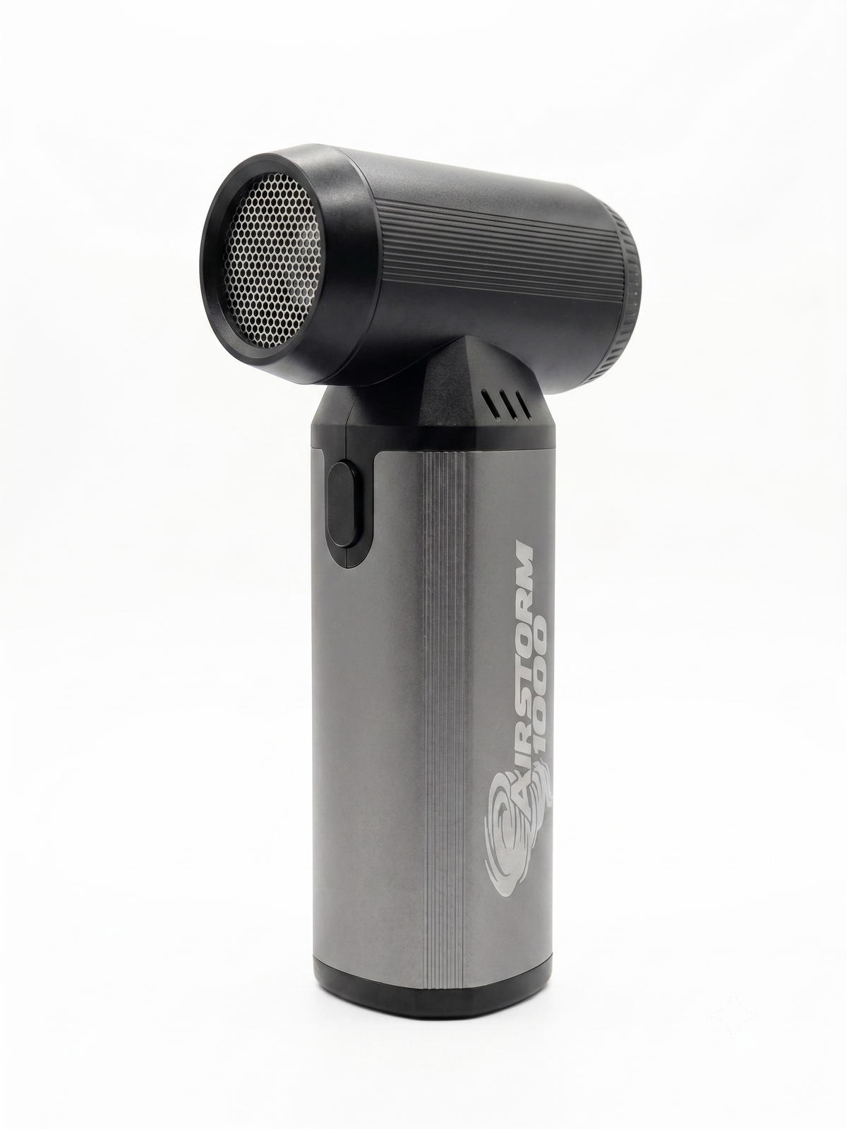 AirStorm 1000 standing upright, three-quarter view, showing its gunmetal aluminum body and black motor housing